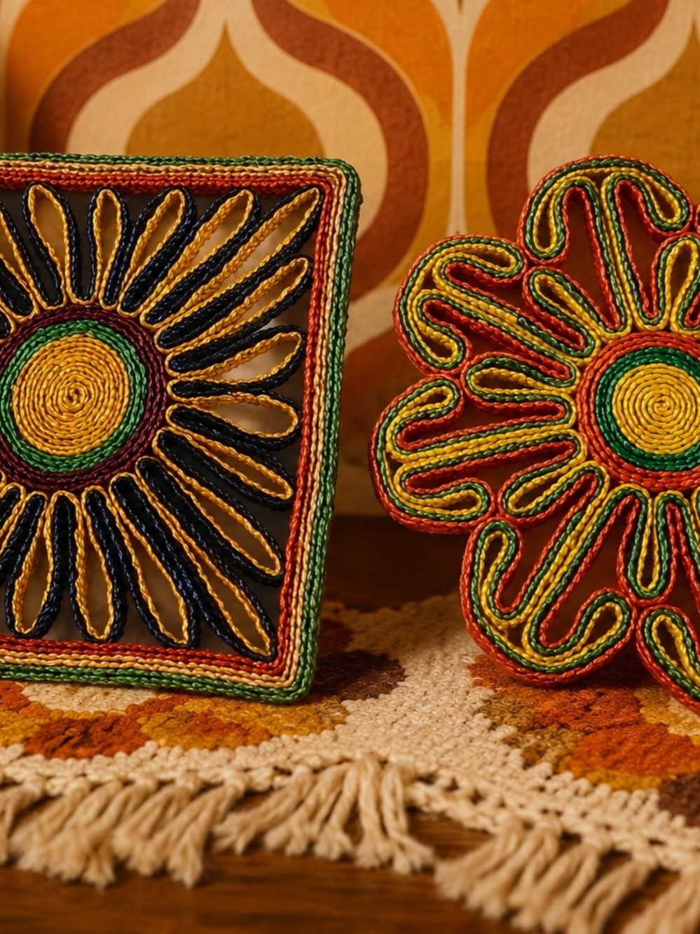 Vtg Raffia Straw Trivet Hot Pad Rattan Wicker Colorful Boho Wall Decor Lot of 2
